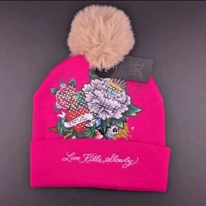 🌟Ed Hardy~Love Kills Slowly Rhinestone Embroidered  Beanie Hats w/ Pom🆕️🌟